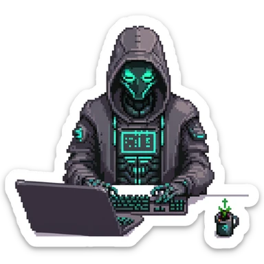 Dark cybernetic robot hacker with neon details, hood, typing on keyboard, hacking code sticker
