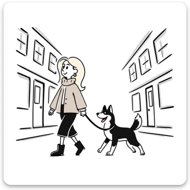 Blonde woman wearing a sweater walking a happy Siberian husky in New York City on an upper east side city sidewalk  sticker