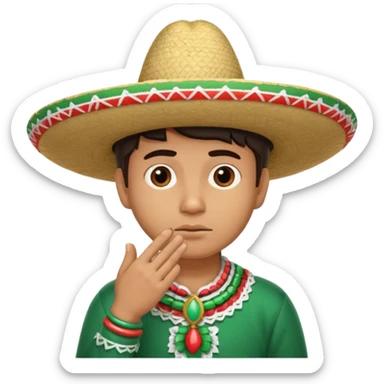 person deep in thought, wearing a traditional Mexican sombrero. The character has a neutral or slightly furrowed expression, one hand gently touching their chin in a classic thinking pose.  sticker