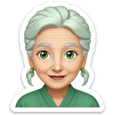 abuela con ojos verdes, pelo blanco, pelo blanco y amarrado, aspecto feliz, pelo blanco, no verde, solo verde los ojos sticker