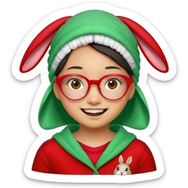 Asian woman wearing a green towel in her head with a broken glasses on her face in red pajamas her smile with rabbit front teeth and the cloth should be red sticker