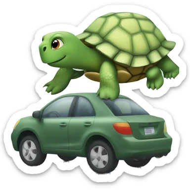 TURTLE! towing a car. The turtle is infront of the car on the road and is straped to the car. sticker