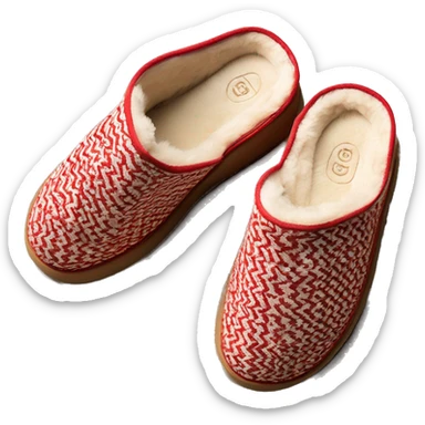 Camel slip-on slippers. red thin woven zig-zag line encircling the top opening, and a thick platform sole. “UGG” sticker
