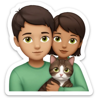 Crea un emoji donde salga un chico de pelo moreno con los ojos claros, una chica de pelo morena con los ojos marrones y UN gato europeo comun de pelaje marron oscuro y ojos verde claro, quiero que se esten abrazando el chico y la chica, y el gato este en el medio de los dos sticker