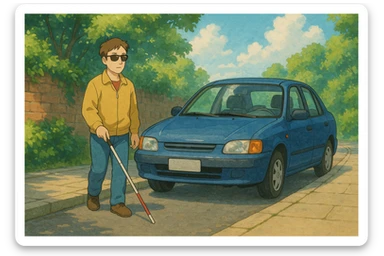 a blind person with a white cane walking on a pavement, but a car is parked blocking the path, ghibli style sticker