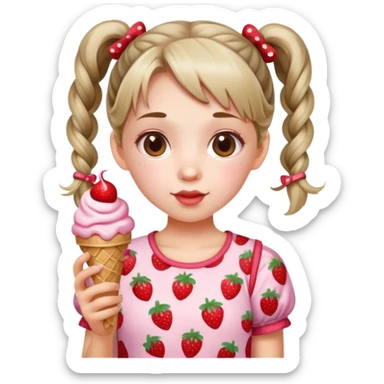 . A cute girl with pigtails, wearing a strawberry-patterned top, holding an ice cream. sticker
