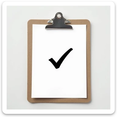 a realistic clipboard with a single checkmark, metallic clip, white paper sticker