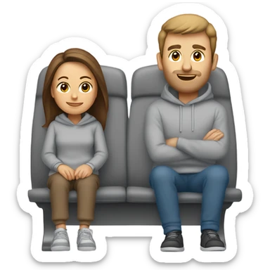 airplane, featuring a white woman with long brown hair, dressed in a soft grey sweatshirt and sweatpants. She’s sitting next to her husband, a white man with short brown hair, who’s also wearing a matching grey sweat suit.  sticker