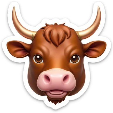 Cinematic Cute Domestic Bull Portrait Emoji, Head tilted playfully and inquisitively, with a sturdy, compact build and a smooth, polished coat of rich copper and brown hues accentuated by gently curved horns, round, sparkling eyes full of curious determination, Simplified yet irresistibly adorable features, highly detailed, glowing with a warm, friendly glow, high shine, affectionate and spirited, stylized with a touch of rustic charm, soft glowing outline, capturing the essence of a mischievous yet loving domestic bull that feels like it could trot out of the screen and into your arms! sticker
