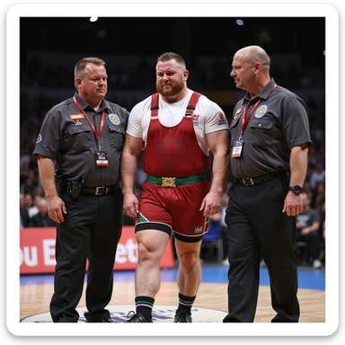 European powerlifter in competition, helped to walk by two officials after injury, expression of pain and disappointment, competition clothing, solidarity atmosphere, realistic details, competition area background. sticker