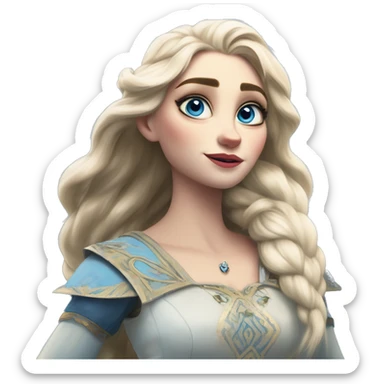 Warcraft award winning Elsa in IKEA style, oil paint, mysterious eyes, intricate lips, masterpiece pose, odd perspective, beautiful, desirable, logical, midsommar, ikea sticker