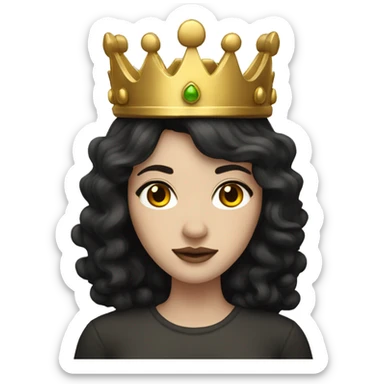 white skinned woman with dark wavy black hair and a golden crown sticker