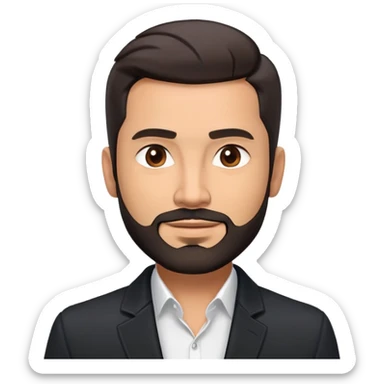 Good-looking broad-shouldered TV host in his mid-40s with light brown skin, short black hair with defined fade, light scruff beard, square face with pronounced jawline, friendly expression, open black jacket, white shirt with open collar and no tie sticker