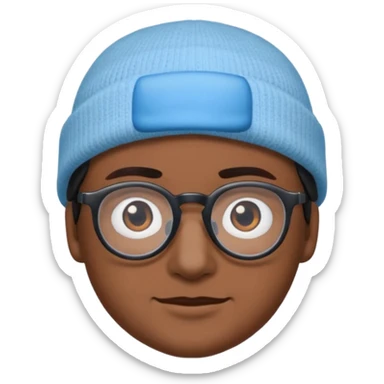 A person emoji with medium-dark skin, wearing a light blue beanie and black-framed glasses, with brown eyes, dark eyebrows, a small nose, and a subtle smile on a clean-shaven face. sticker