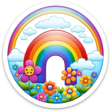 A round psychedelic colored button with a bezeled rainbow and colored hippie style flowers sticker