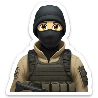 White male, call of duty black mask, camo tactical gear, tan combat boots, black beanie, blue eyes sticker