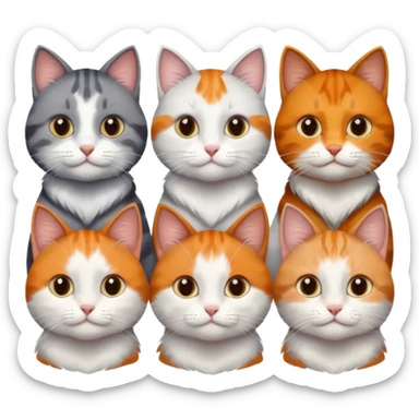 6 cats with different coloured coats, 2 are grey and white, 1 is grey with a little white, 1 calico, 1 brown tabby and white and one ginger and white sticker