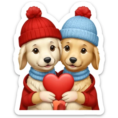 2 English cream golden retrievers cuddling with winter hats and heart in between them. Make them pale dogs  sticker