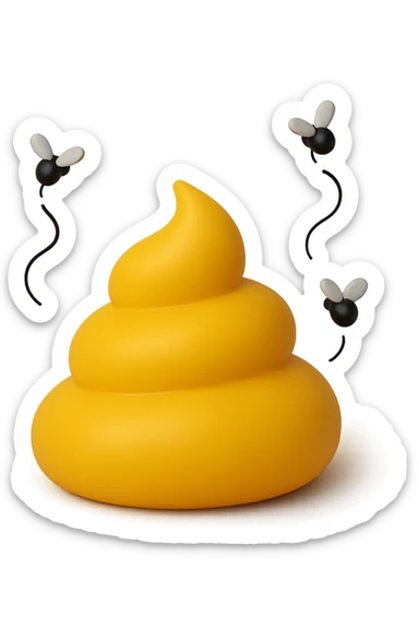 emoji stile iphone 3d di cacca gialla e liquida che emana fumi e cattivo odore, mosche gli girano intorno, iperrealistiche 4k sticker