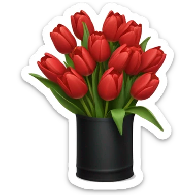 A bouquet of red tulips in a black package sticker