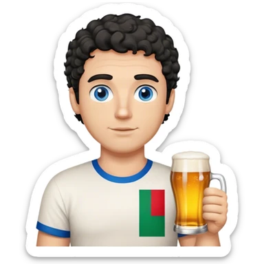 white guy thick eyebrows blue eyes with short curly black hair holding beer wearing a shirt with the italian flag sticker
