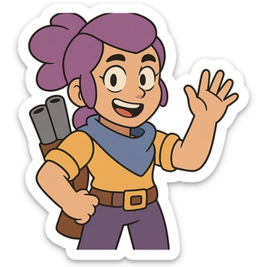 Shelly from Brawl Stars, smiling, waving, bright and playful sticker