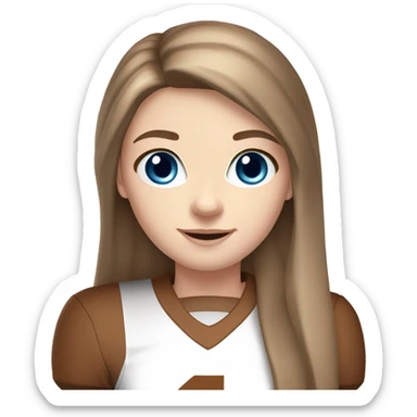 Beautiful girl, pale skin, blue eyes, long straight beautiful light brown hair, wearing Texas Longhorn football cheerleading uniform sticker