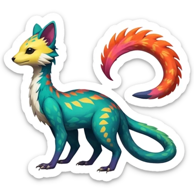 Rare realistic exotic edgy epic pretty beautiful handsome gorgeous aesthetic colorful vibrant Vernid-Trico-species-Fakemon-creature by LiLaiRa, 4 legs, 1 tail, random markings, (full body) sticker