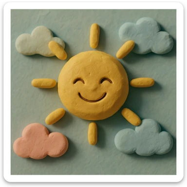 smiling sun with clouds, pastel colors, visible fingerprints, soft matte plasticine claymation style sticker