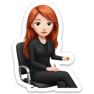 Video call therapy session: red-haired therapist with long hair wearing black minimalist clothing, seated in a professional home office, looking at the webcam; calm, modern teletherapy setting sticker
