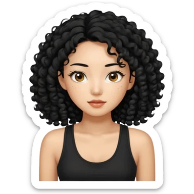 Korean woman with black cute long curly hair  with a black top tank with long lashes sticker