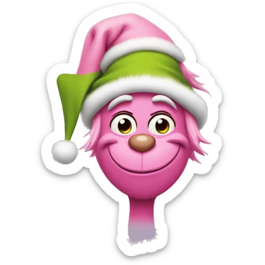 grinch face with a smirk wearing a light pink santa hat sticker