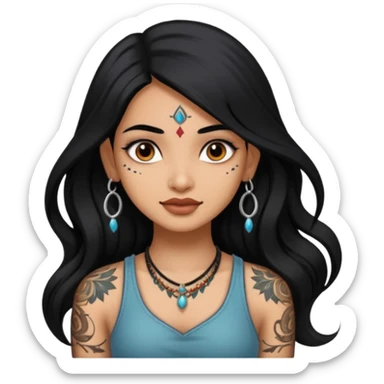 an ios genmoji for a pretty  indian girl with black long hair  tattooed, beautiful girl sticker