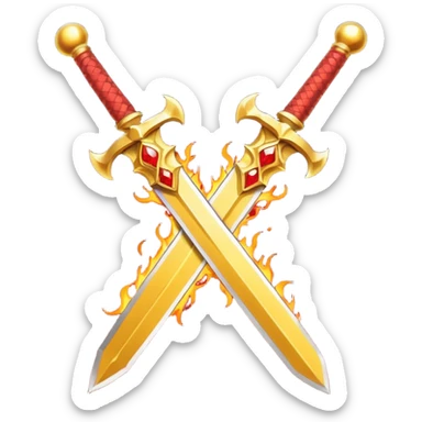 Two crossed swords that are golden in blade and handle and have fiery and royal appearence to them as well as red gem stones yellow in color sticker