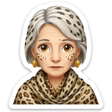 ancient white woman, tattered leopard skin shawl sticker