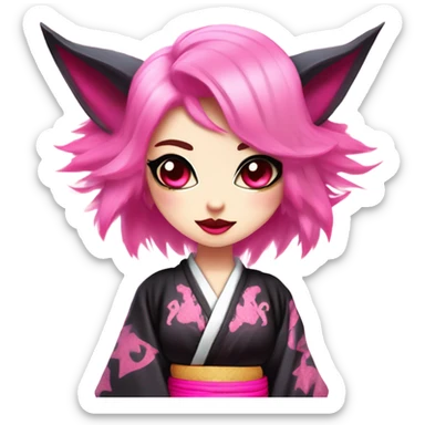 Full body female, succubus kitsune, neon pink eyes, vibrant pink hair, alabaster skin, fluffy black tails, pink tail tips, spiked choker, unique heritage, seductive charm, rebellious spirit, traditional kimonos, spiked anklets, and Barefoot 
 sticker