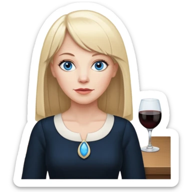 45 yr old white woman, pale skin, long straight blond hair parted in center, blue eyes, bangs, clothes for dinner sticker