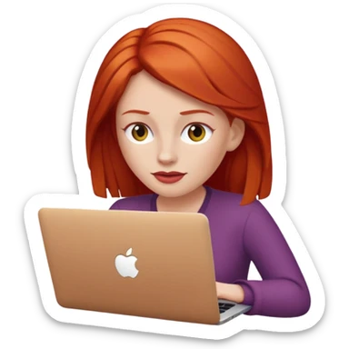 white-skinned red-haired woman using a MacBook, emoji style sticker