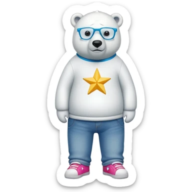 friendly anthropomorphised polar bear standing upright, looking chilled and unbothered, wearing a shirt, jeans, trainers, star-shaped colorful glasses sticker