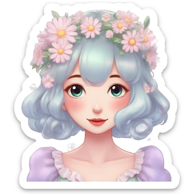 Gorgeous pastel anime style lady with blushing face and daisies cottagecore fairycore pastelcore shiny colorful pearly romantic simplistic aesthetic trending style sticker