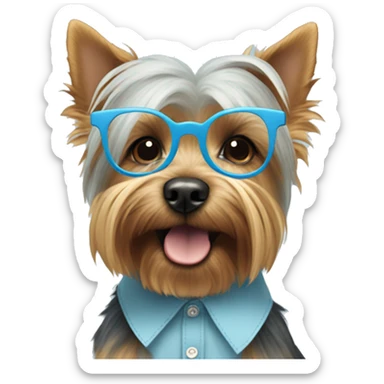 Yorkshire terrier dog with pastel blue glasses and a pastel blue shirt sticker
