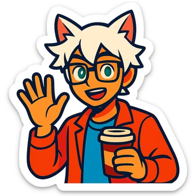 An anime guy with white hair, white cat ears, green eyes, and glasses, holding a coffee cup in his hand and waving sticker