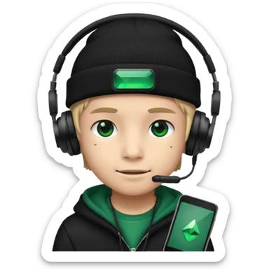 garcon avec un bonnet noir avec un emeraude dessus et un casque gaming sticker