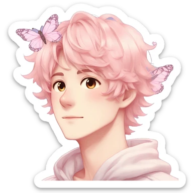 Gorgeous pastel anime style shojo man with blushing face and butterflies aesthetic and pretty hair trending style sticker