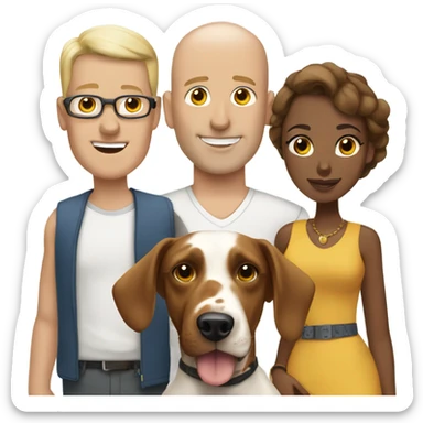 A bald white man with a brown-skinned woman and a Dalmatian dog beside them. sticker