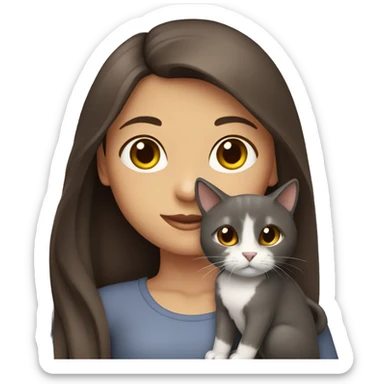 A girl with long brown hair And dark Brown eyes, holding a a grey cat sticker