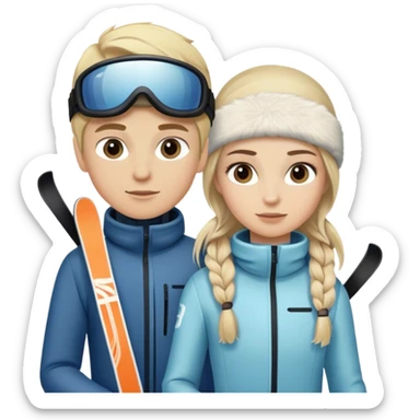 Blonde female and light brunette boy on skiis sticker