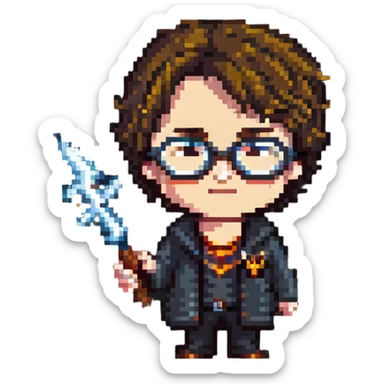 Harry Potter character with glasses and lightning bolt scar in pixel art style sticker