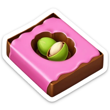 bitten chocolate in a pink wrapper. chocolate filling - pistachio paste green sticker