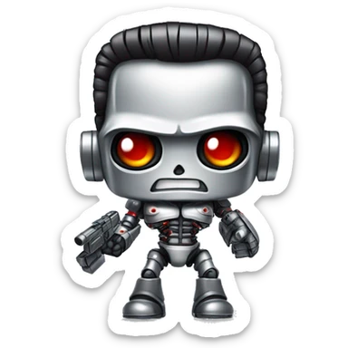 Emoji of a Terminator T-800, looking straight, cute 2d animation, red eyes, made of metal, white background,  sticker